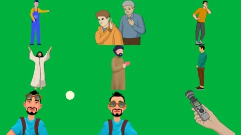 Man overalls points at green screen old young standing next each other. Stock Footage 310563320