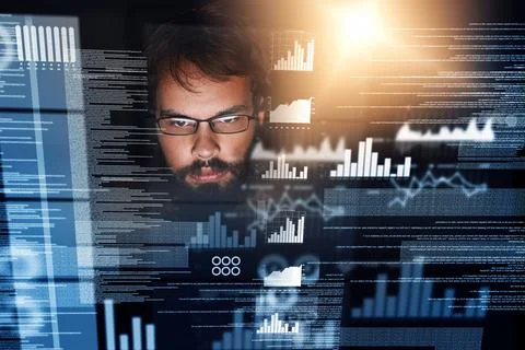 Man, overlay and programmer with coding, data and analysis for cyber security Stock-Fotos