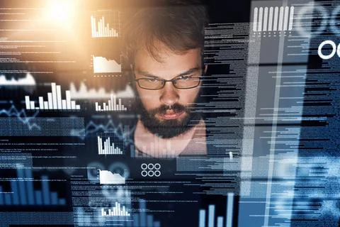 Man, overlay and programming with coding, database and analysis for cyber Stockfoto's