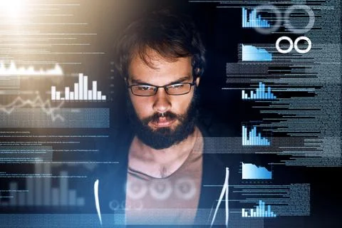 Man, overlay and programming with coding, data and analysis for cyber security Stockfoto's