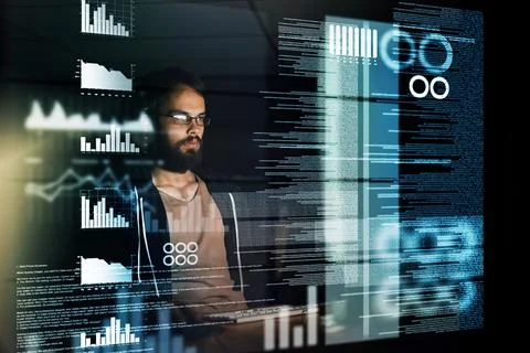 Man, overlay and programming with coding, software and analysis for 写真素材