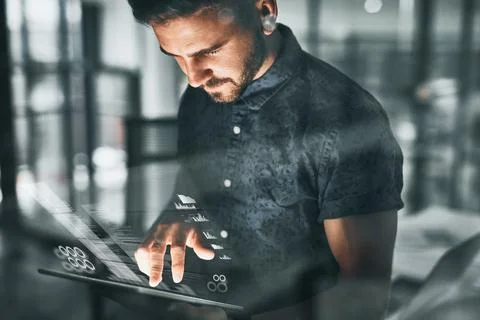 Man, overlay and programming in office with tablet, data analysis and codin.. Stock Photos