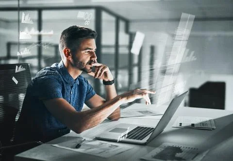 Man, overlay and programming in office with laptop, data analysis and codin.. Stock Photos