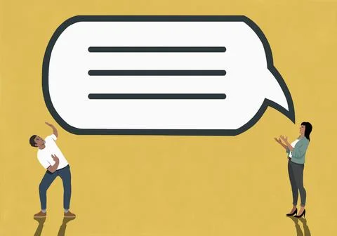 Man overwhelmed by large speech bubble above woman talking and gesturing Ilustración de archivo