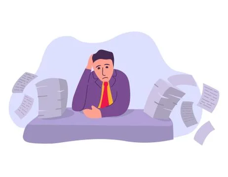 Man overwork in office deadline.Manager sitting at desk with stack of documen 스톡 일러스트