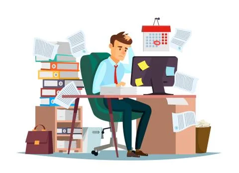 Man overwork in office vector illustration of cartoon manager sitting at Stock Illustration