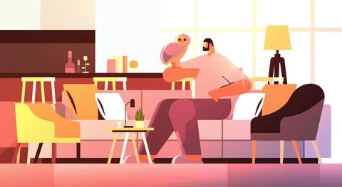 Man with owl guy taking care of pet animal bird living room interior horizontal Stock Illustration