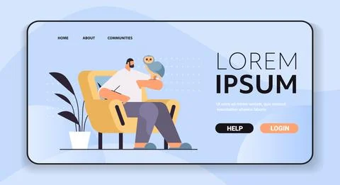 Man with owl guy taking care of pet animal bird horizontal Stock Illustration