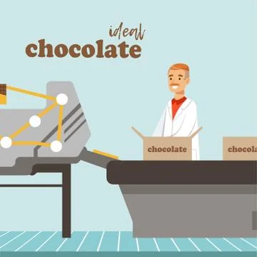 Man packing boxes of chocolate on factory conveyor, male controller controlling Stock Illustration
