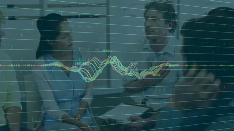 Man with pad leading data review in business team leaning graph matching Stock Footage 333368150