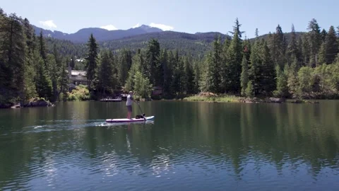 Man paddle boarding on a pristine mountain lake on sunny day with his dog, stand Stock Footage 246610691