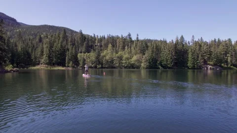 Man paddle boarding on a pristine mountain lake on sunny day with his dog, stand Stock Footage 246610876
