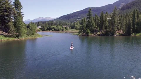 Man paddle boarding on a pristine mountain lake on sunny day with his dog, stand Stock Footage 248240007