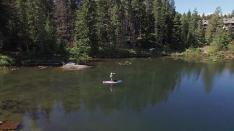 Man paddle boarding on a pristine mountain lake on sunny day with his dog, stand Stock Footage 250194031