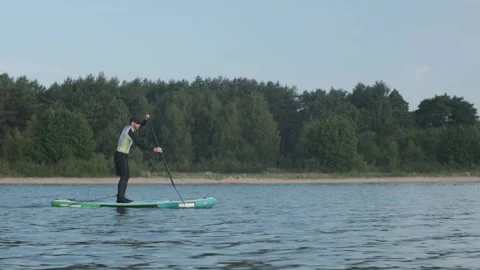 Man paddling on stand up paddle board against background of pine forest. SUP Stock Footage 244603954
