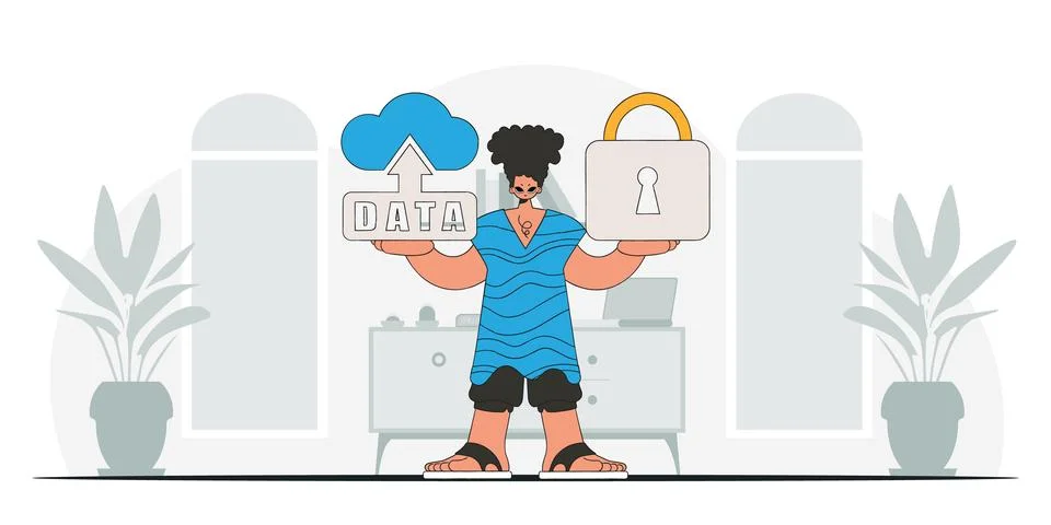 Man with padlock and cloud storage, modern character in vector style. Stock Illustration