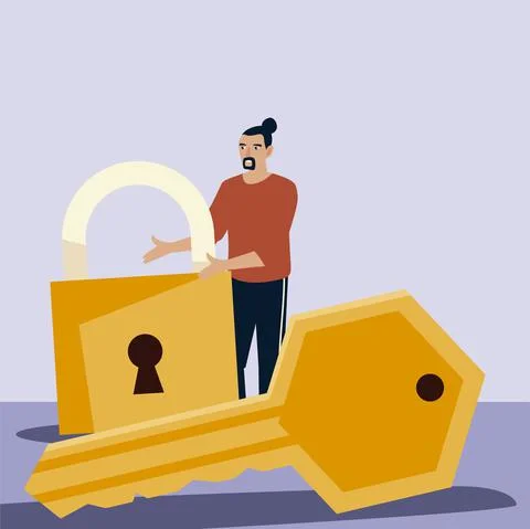 Man with padlock and key security and protection Stock Illustration
