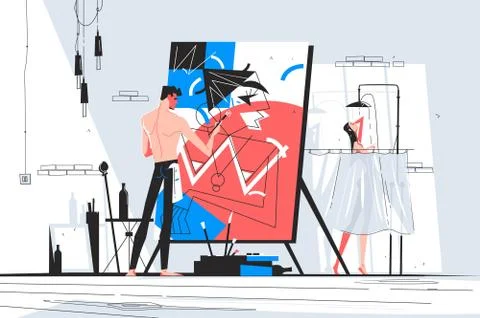 Man painter standing at easel and creating picture Stock Illustration