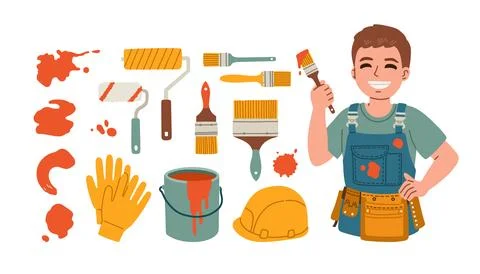 Man painter in uniform with paint brush. Painting tools, brush, roller Stock Illustration