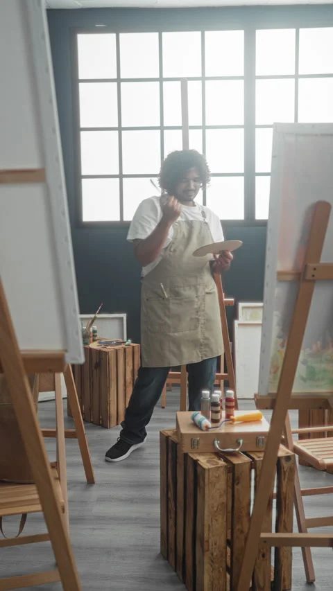 Man painter wearing apron standing at easel holding palette and brush, rais.. Stock Footage 347842222