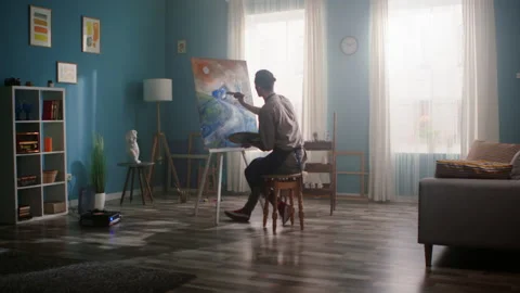 Man Painter Is Working On His Masterpiece Stock Footage 136213996
