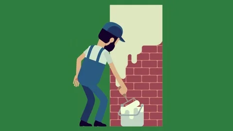 A man painting brick wall with paint roller and person green screen colorful Stock Footage 337340535