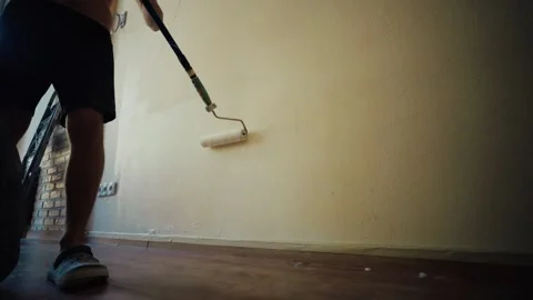 Man painting interior wall with paint roller, home renovation and DIY concept Stock Footage 344739691