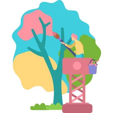 Man painting tree vector creative process icon 库存插图