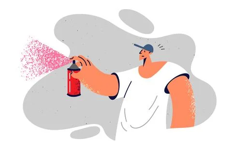 Man paints graffiti using spray paint to walls and gets carried away by street Stock Illustration