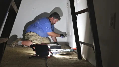 Man paints wall in empty room using ladder work light during home renovation Stock Footage 342743810