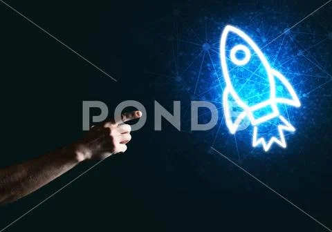 Man palm presenting Rocket web icon as technology concept Stock Photos