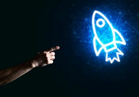 Man palm presenting Rocket web icon as technology concept Stock Photos