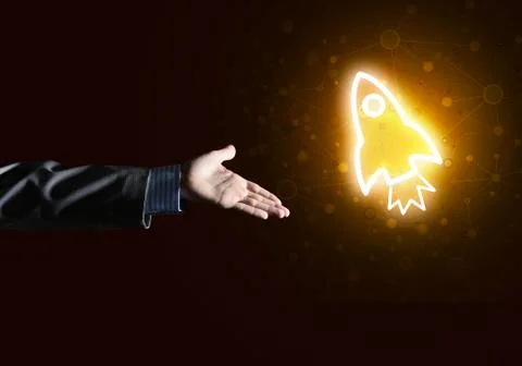 Man palm presenting Rocket web icon as technology concept Stock Photos