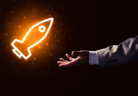 Man palm presenting Rocket web icon as technology concept Stock Photos