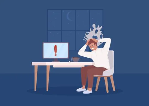 Man with panic attack at computer flat color vector illustration Stock Illustration