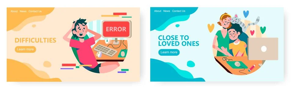 Man in panic because of computer error. Happy family and cat at home in front of Illustrazione stock