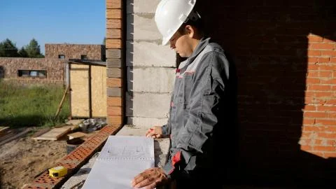 Man with paper draft in building under construction Fotos de archivo