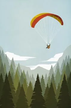 Man paragliding over mountain forest treetops Stock Illustration