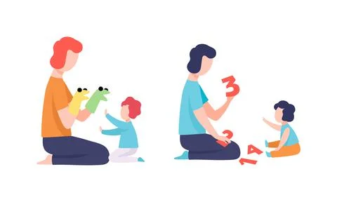 Man Parent Bringing up Kid Playing with Him and Teaching Numbers Vector Set Stock Illustration