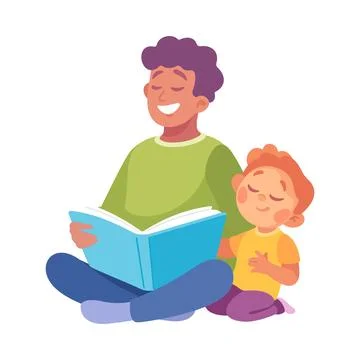 Man Parent with His Son Reading Book as Home Activity Vector Illustration Stock Illustration