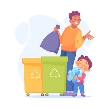 Man Parent with Son Throw Garbage in Dustbin as Home Activity Vector Stock Illustration