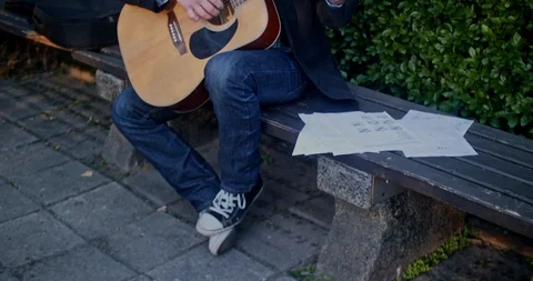 Man in the park learn to play guitar 動画素材 102173198