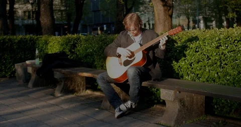 Man in the park learn to play guitar Vídeo Stock 102174315