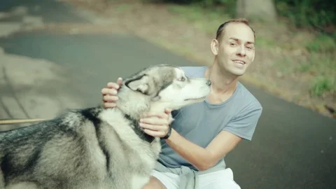 A man in park stroking a dog Stock Footage 94522922