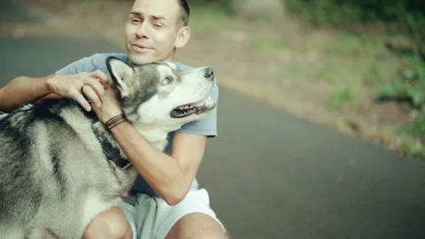 A man in park stroking a dog Stock Footage 94522981