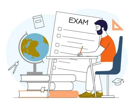Man pass exam. Young guy sits at table and writes correct answers. Examination Stock Illustration