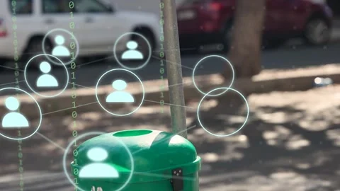 Man passing with coffee spawning faint profile icons over green bin, mapping Stock Footage 333893799