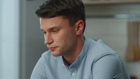 Man passing distant interview with hr manager at home close up. Freelance work. Video stock 225623891