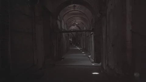 Man Passing Through Closed Bazaar Corridor With Brick Vaulted Ceiling Stock Footage 331593311