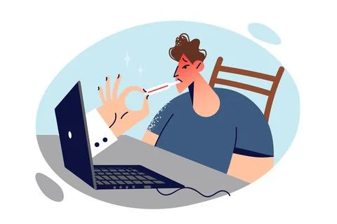 Man patient is being treated using telemedicine, sitting in front hand with Stock Illustration